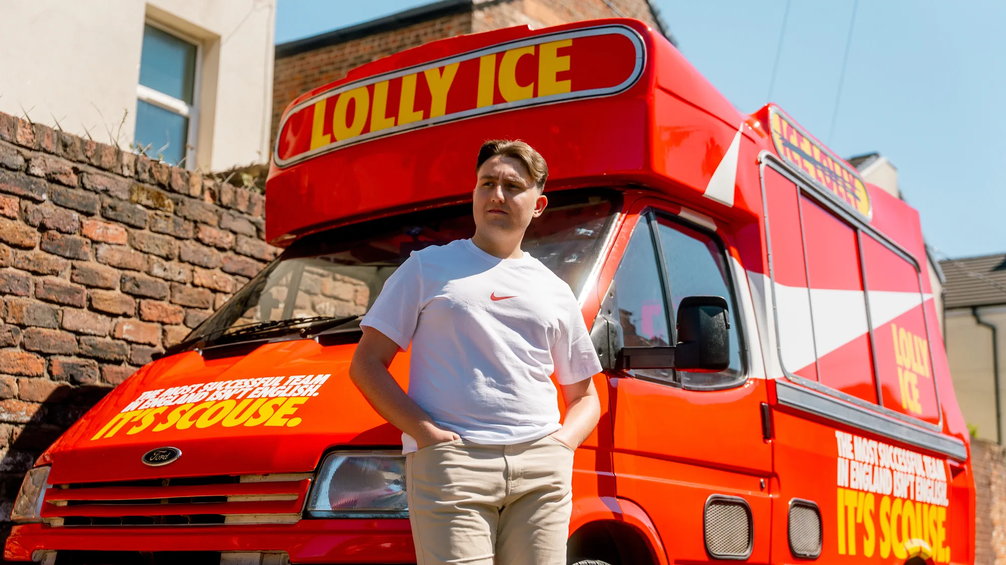 Joseph Roberts in front of the Nike Liverpool FC lolly ice campaign van